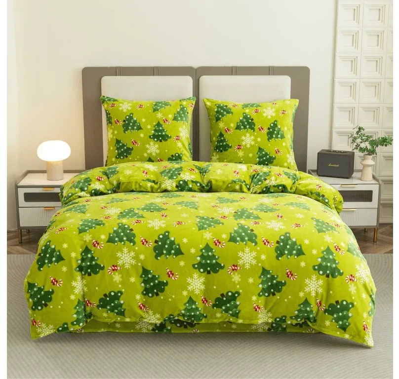 2 db Mikroplüss ágyneműhuzat CHRISTMAS TREE zöld + mikroplüss lepedő SOFT 180x200 cm fehér, kétszemélyes ágyhoz szett
