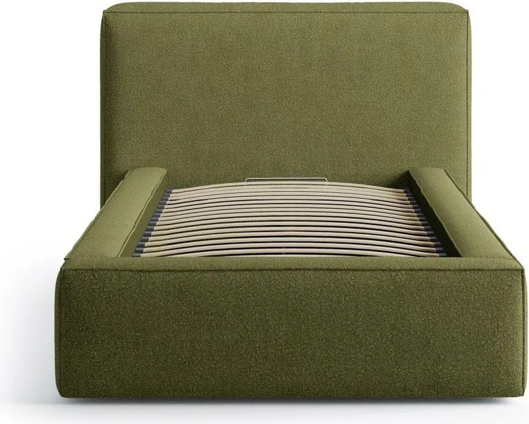 Zöld kárpitozott ágyneműtartós egyszemélyes ágy ágyráccsal 90x200 cm Jodie – Micadoni