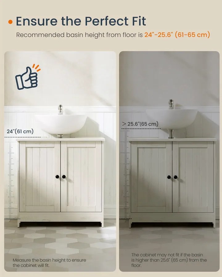 Rusztikus fehér mosdó alatti szekrény állítható polccal, szerszám nélkül