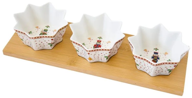Diótörő porcelán csillag alakú kínáló tálka szett bambusztálcán, 4 részes, 34x12 cm, díszdobozban - Nutcrackers