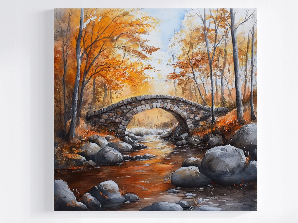 Canvas Vászonkép Tájkép Ősz Erdő Fák Folyó Kőhíd 80x80