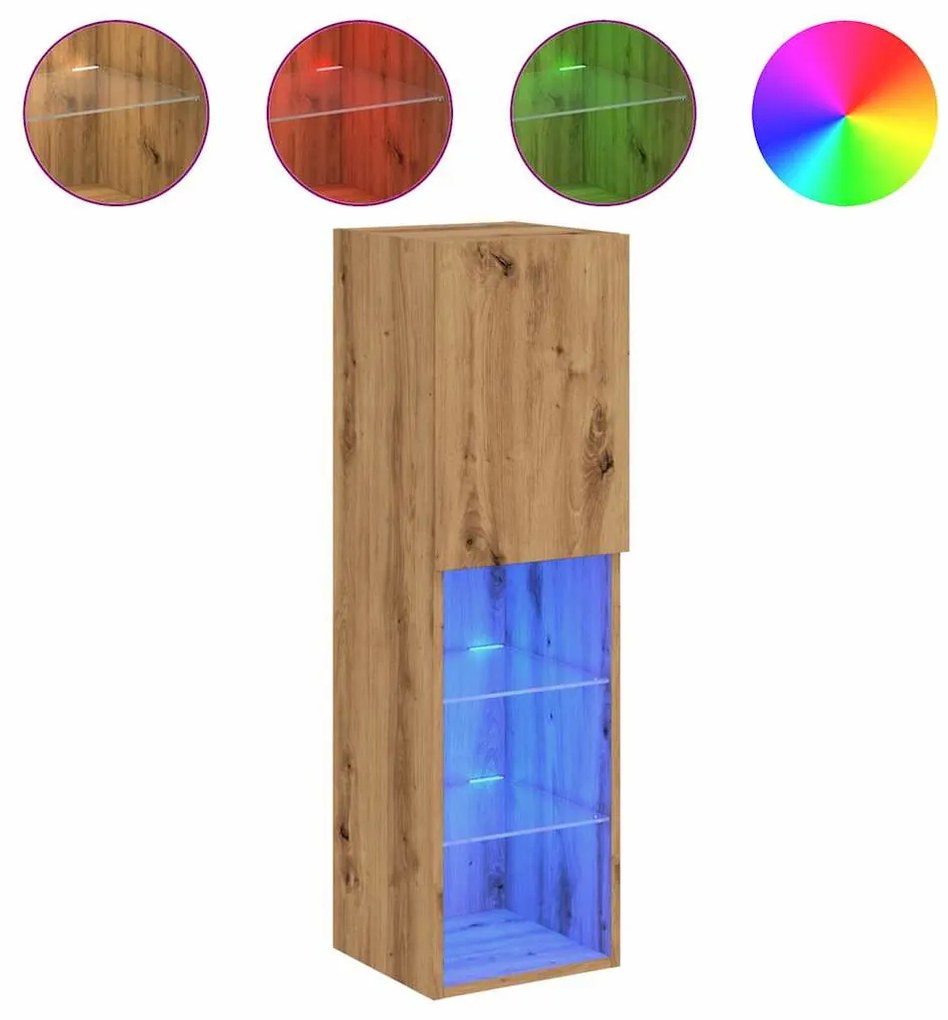 kézműves tölgy színű TV-szekrény LED-lámpákkal 30,5x30x102 cm