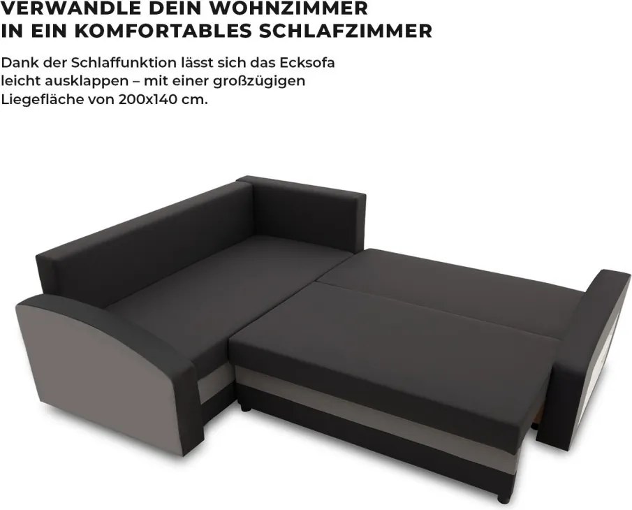 Grande sarokkanapé polcokkal , polc a jobb karfaban, baloldali, szövet anyag, bonell töltet, fekete - szürke