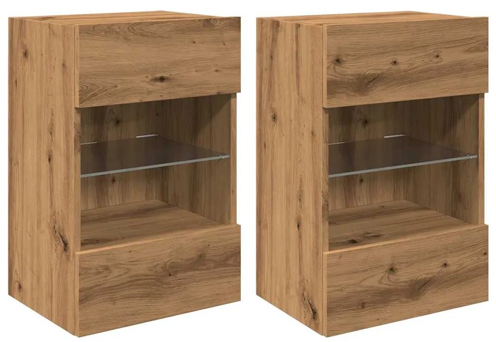 2 db kézműves tölgy színű fali szekrények LED világítással TV-hez 40x30x60,5cm