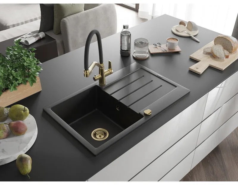 Mexen Bruno, 1 kamrás gránit mosogató 795x495x200 mm és Duo mosogató csaptelep, fekete, 6513-77-671701-57-G