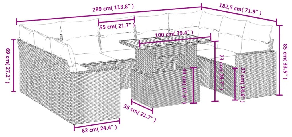 10 részes fekete polyrattan kerti ülőgarnitúra párnákkal