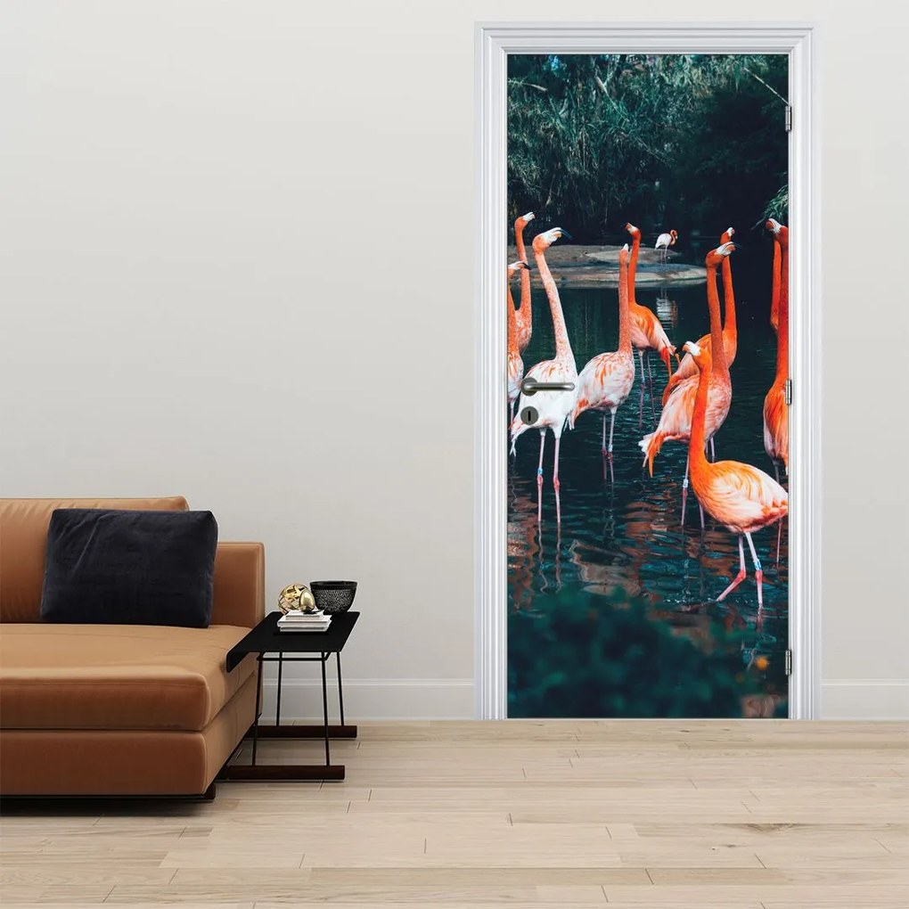 Fotótapéta ajtóra - Flamingócsorda (95x205cm)