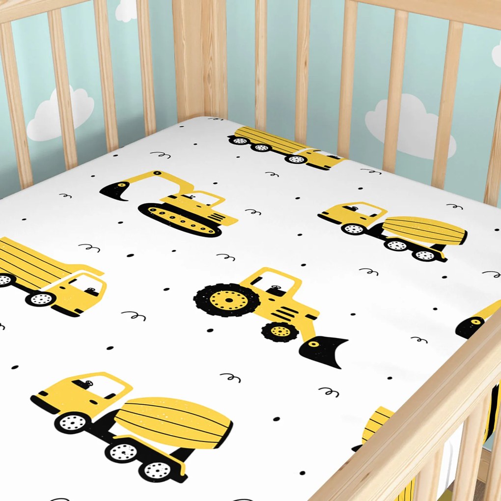 Goldea gyermek gumis pamut lepedő kiságyba - kotrógépek és építkezési eszközök 70 x 140 cm