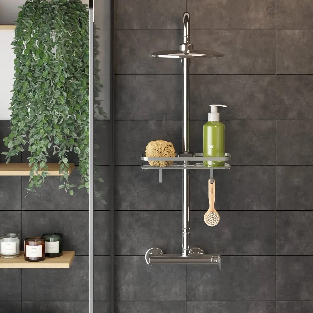 Ezüstszínű öntapadós acél fürdőszobai polc Luxy – Metaltex