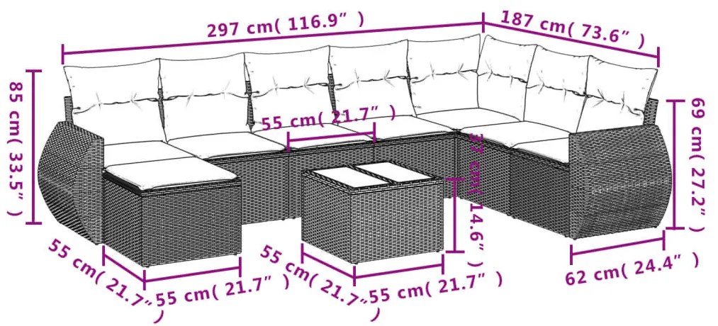 8 részes barna polyrattan kerti ülőgarnitúra párnákkal