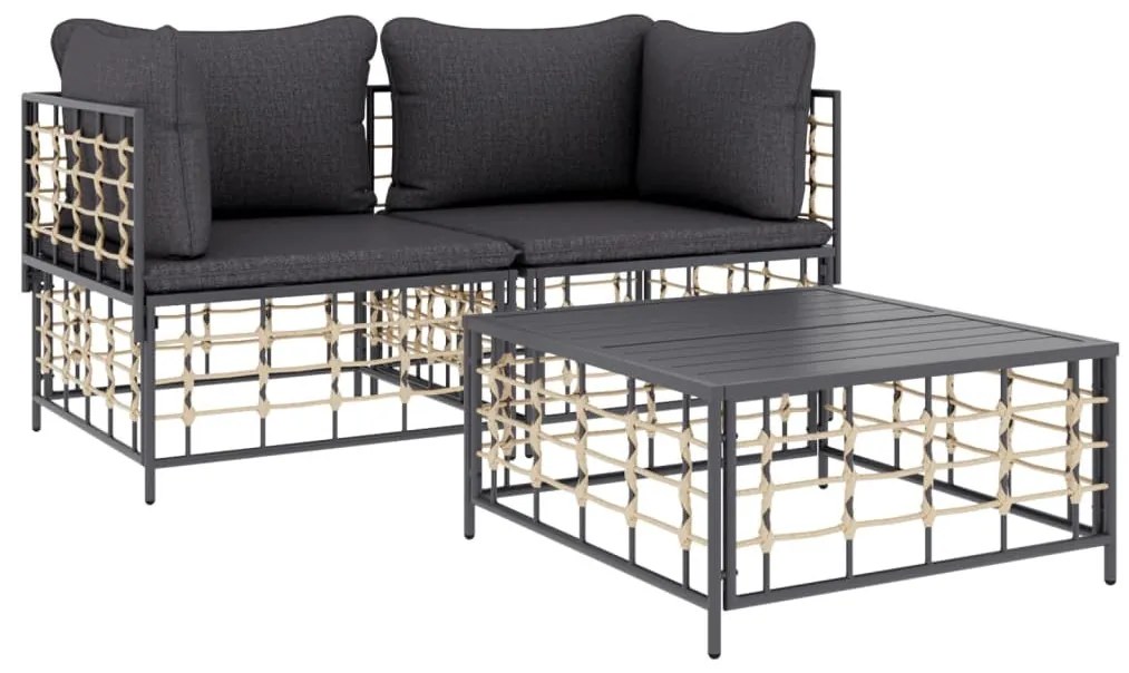 3 részes antracitszürke polyrattan kerti ülőgarnitúra párnákkal