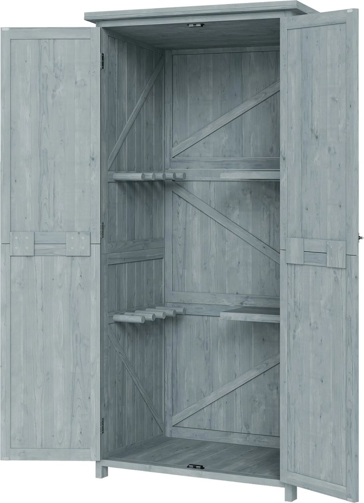 Outsunny fenyő kerti tárolószekrény, 2 zárható ajtó, 2 polc, 10 kampó, vízálló tető, 85×54×170 cm | Aosom