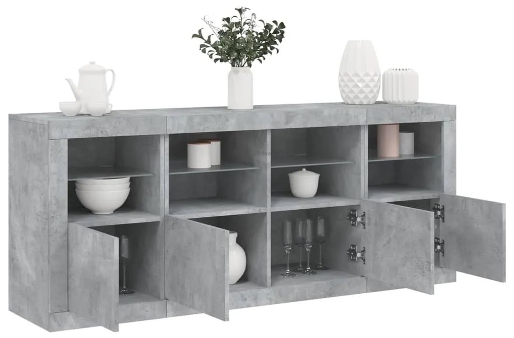betonszürke tálalószekrény LED-világítással 163 x 37 x 67 cm