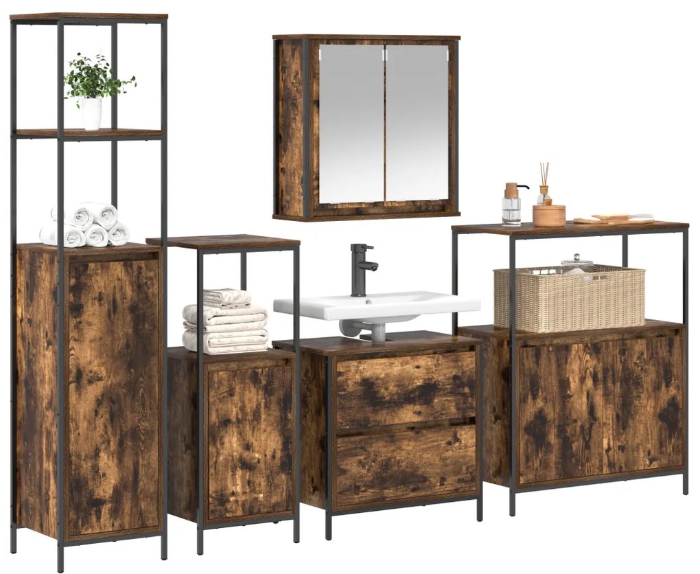 vidaXL Fürdőszoba bútor szett 5 pcs Barna 76.5 x 35 x 95 cm Faanyag