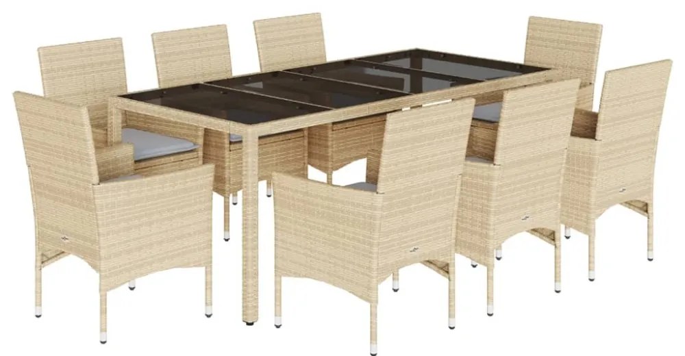 9 részes bézs polyrattan/üveg kerti étkezőgarnitúra párnákkal