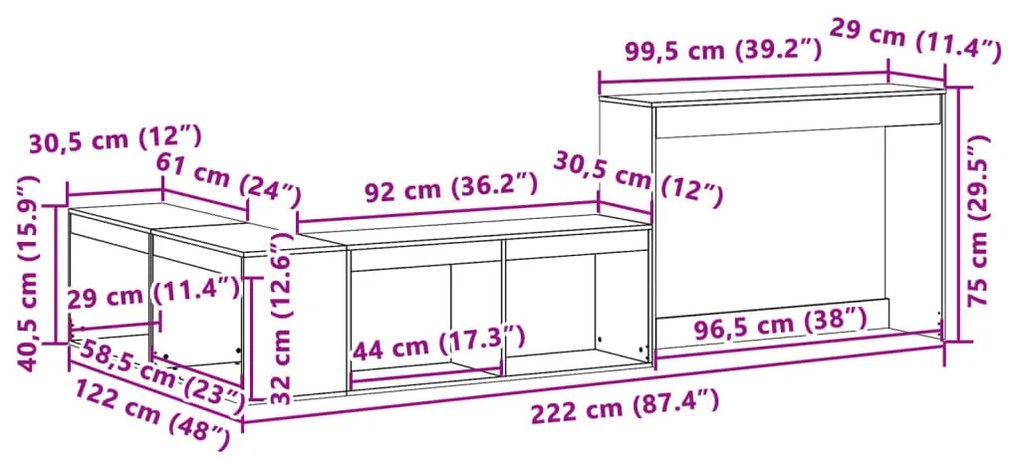 viaszbarna tömör fenyőfa éjjeliszekrény asztallal 222x122x75 cm