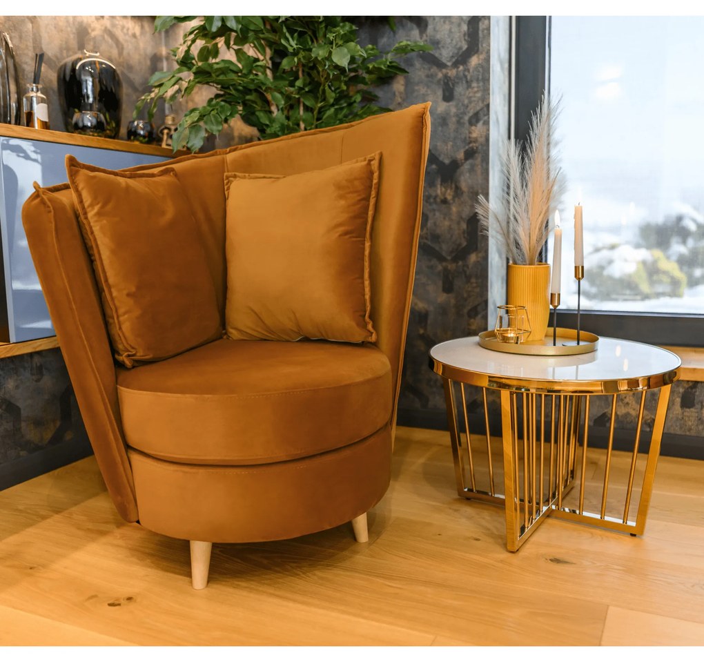 Fotel Art Deco stílusban, mustár színű Riviera szövet/tölgy, ROUND NEW