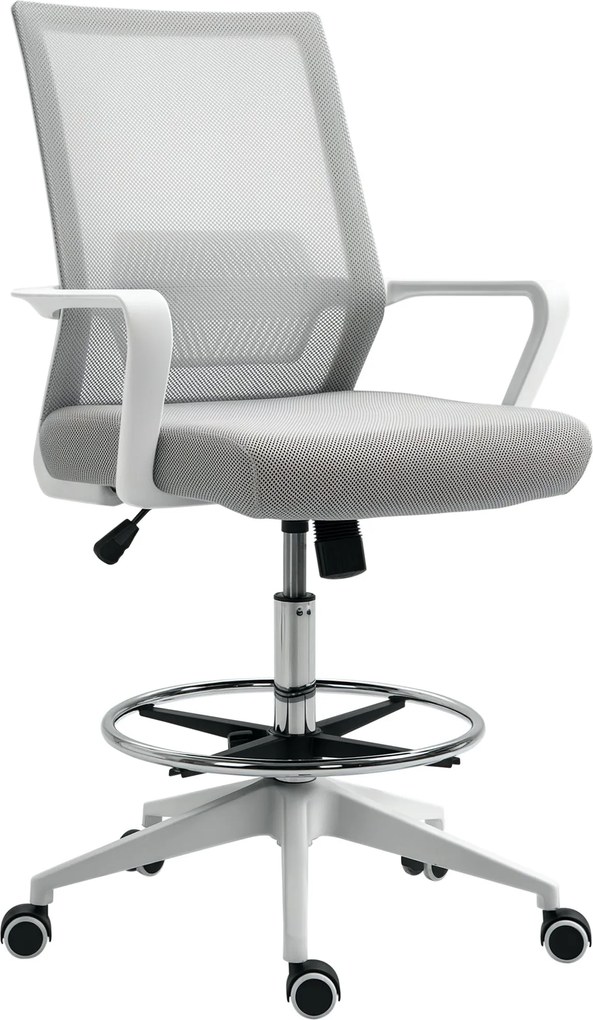 Vinsetto Magas ülésű irodai szék - állítható magasságú, dim. 64L x 59W x 104-124H cm, forgatható irodai puff 360° lélegző hálós szürke és fehér | Aoso
