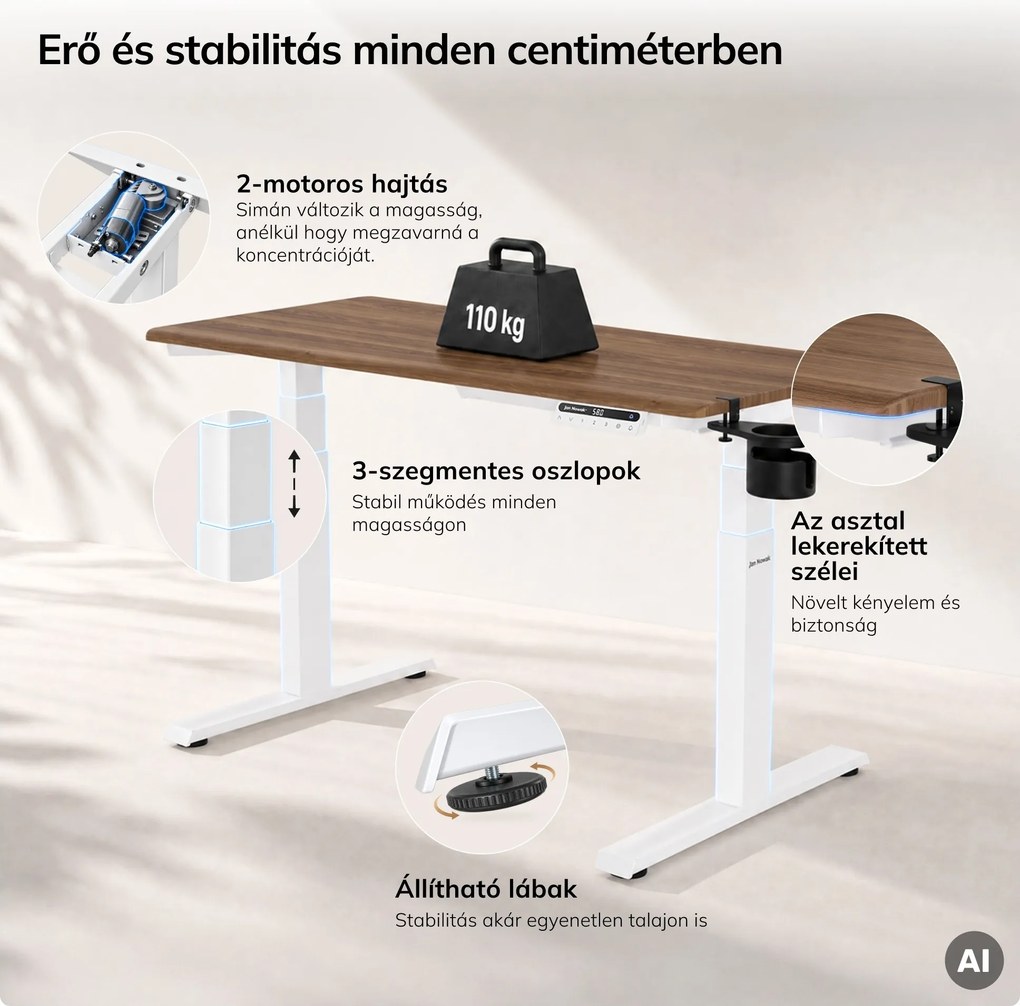 Elektromos, állítható magasságú, ergonomikus, fehér/dió íróasztal,1200x600 mm: ARIA