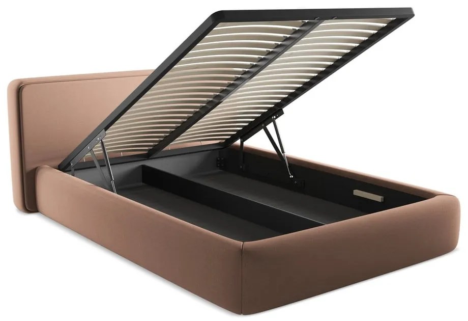 Világos rózsaszín kárpitozott ágyneműtartós franciaágy ágyráccsal 140x200 cm Kiana – Makamii