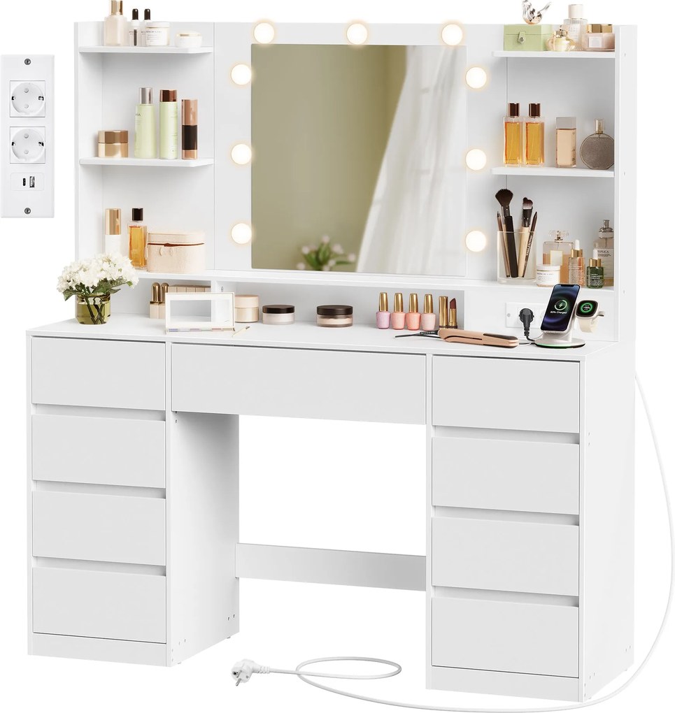 KAILYN LED Fésülködő asztal, tükörrel ellátott sminkasztal, 9 fiókkal, felhőfehér színben