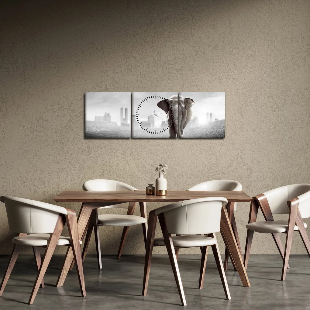 Kép -Elefánt egy nagyvárosban, fekete-fehér változat (órával) (90x30 cm)