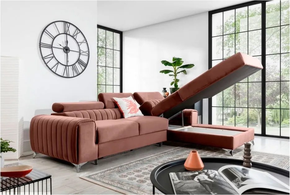 Rózsaszín bársony kinyitható-tárolóhelyes sarokkanapé (jobb oldali-heverő résszel) Grayson – ELTAP
