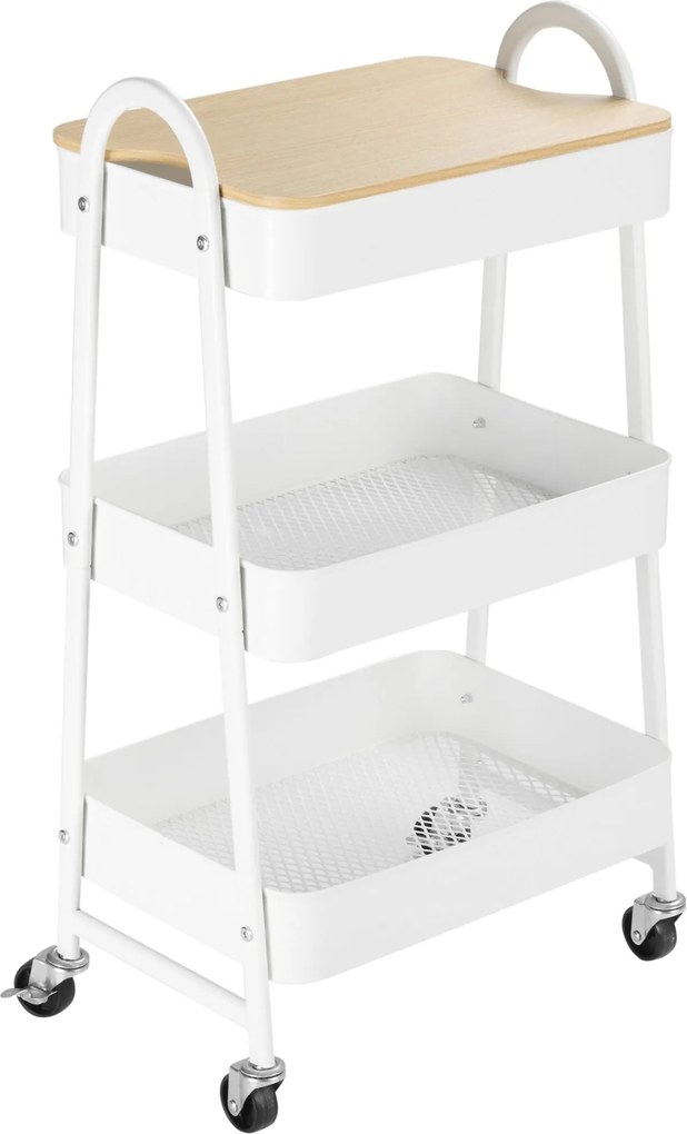 HOMCOM 3 szintes konyhai kocsi kerekekkel kosárral és fedővel, gördíthető konyhai tárolókocsi, Fehér | Aosom