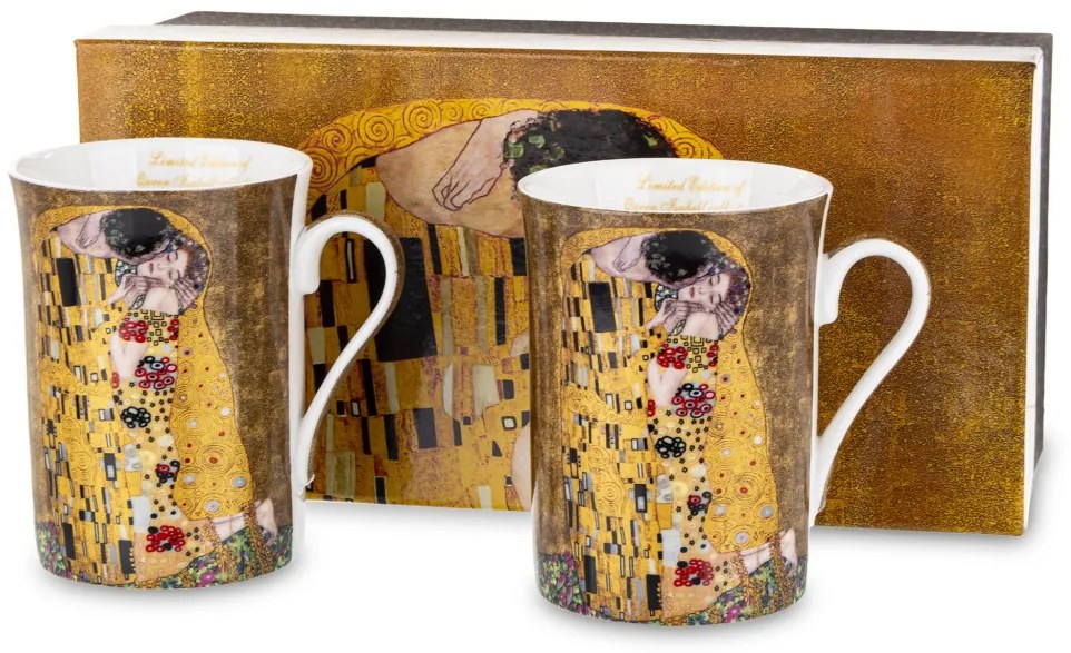 Porcelán 2db-os bögre szett Klimt a csók festményével díszdobozban 10,5x10,5x7,5cm