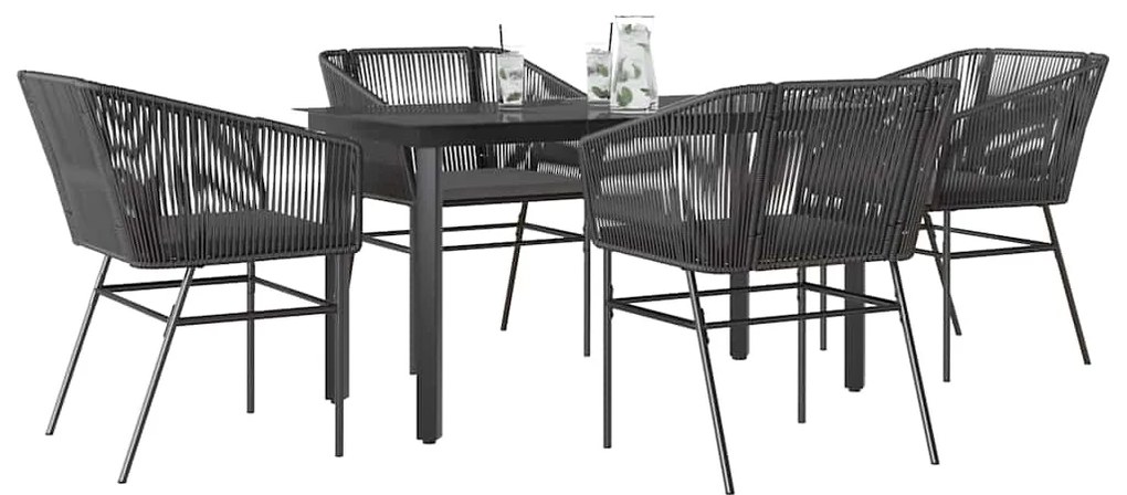 vidaXL 5 részes fekete polyrattan üveg kerti étkezőgarnitúra párnákkal