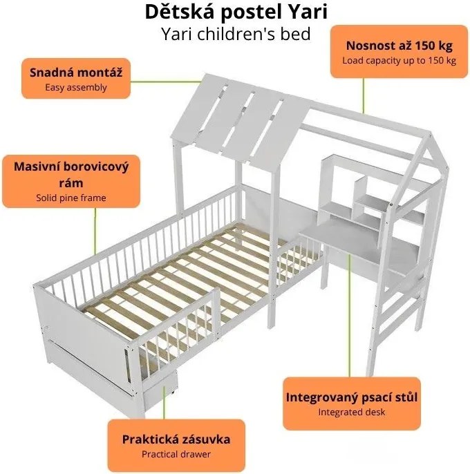 Gyerekágy-ház tárolóhellyel és asztallal fehér