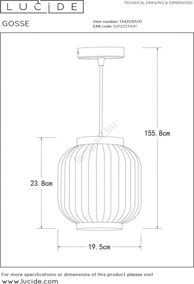 LUCIDE 13435-01-31 GOSSE Egyágú Függesztett Lámpa Fém E27 IP20