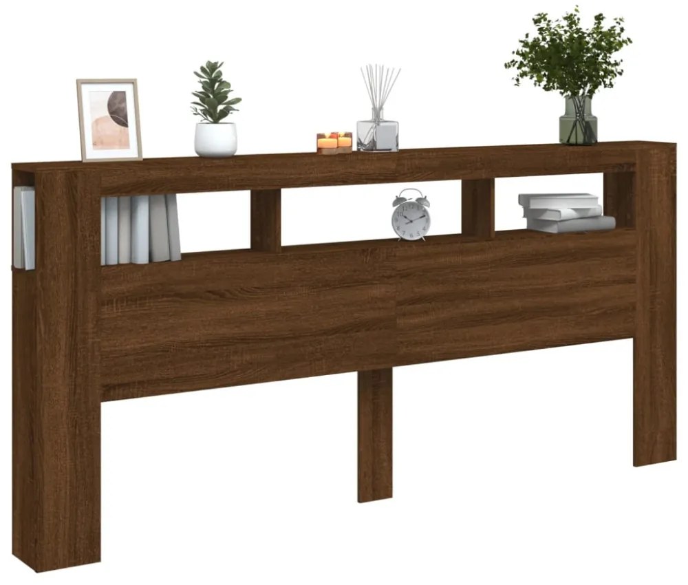 barna tölgyszínű szerelt fa LED-es fejtámla 220x18,5x103,5 cm