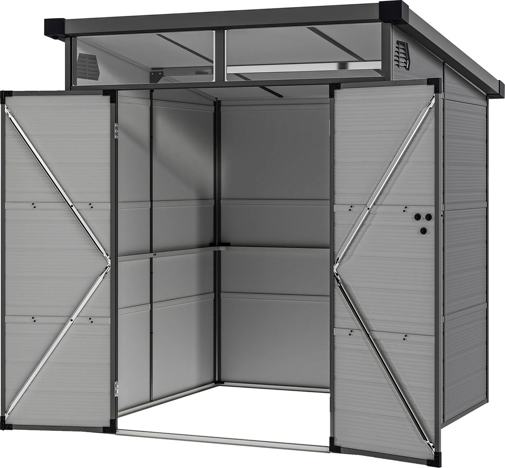 Outsunny 3.24m³-es Műanyag Tárolóház 190x191x215cm Pent Tetővel, Zárható Ajtóval, Időjárásálló Kerti Ház, Kültéri Tároló Szekrény, Világosszürke | Aos