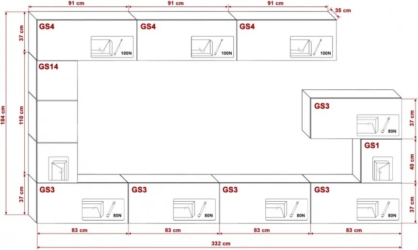 Prince Concept Anna 89 nappali bútor szett magasfényű fekete-magasfényű fehér (332cm)