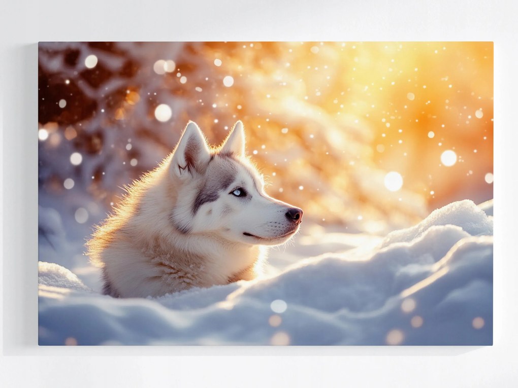 Vászonkép Canvas Kutya Szibériai Husky Hó Tél Fagy Nap 120x80