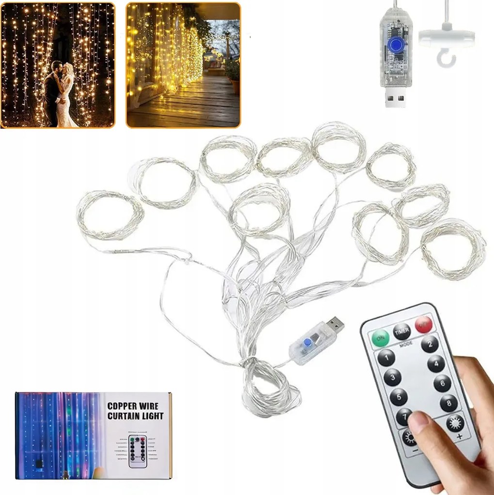 Fényfüggöny 300LED Karácsonyfa Lámpa Füzér Távirányító Fehér Meleg 3x3m