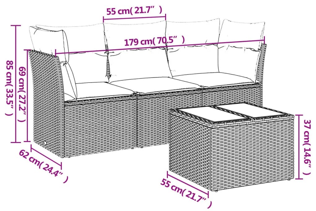 4 részes világosszürke polyrattan kerti ülőgarnitúra párnákkal