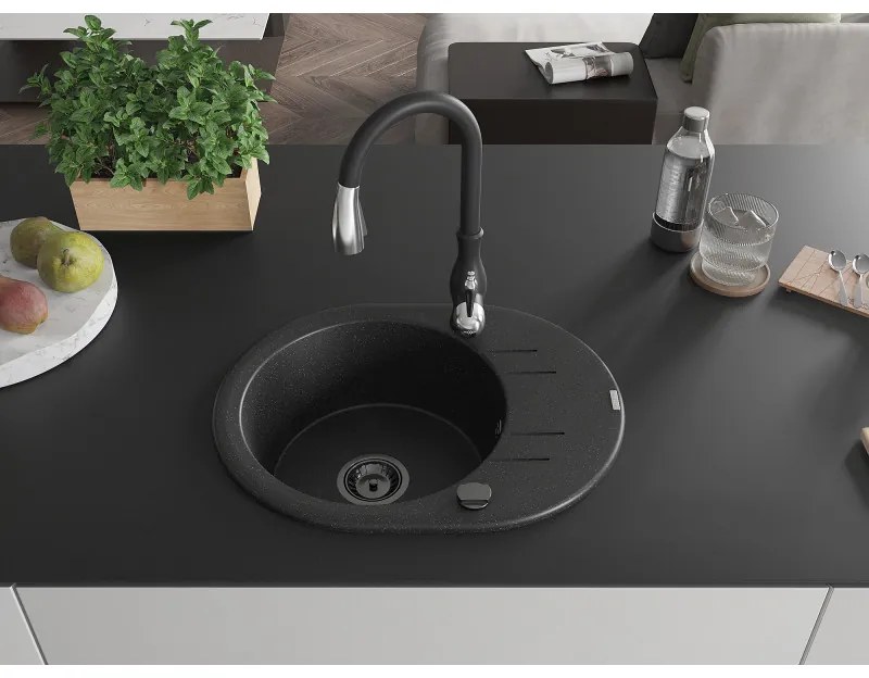 Mexen Kevin, gránit mosogató 586x458x190 mm, 1 kamrás és Savita mosogató csaptelep, fekete-ezüst metál, 6517-73-672601-70-B