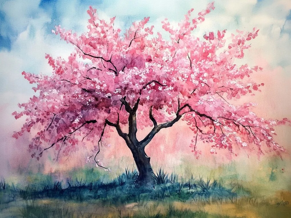 Vászonkép Canvas Akvarell Természet Rózsaszín Fa Virágok Tavasz 80x60