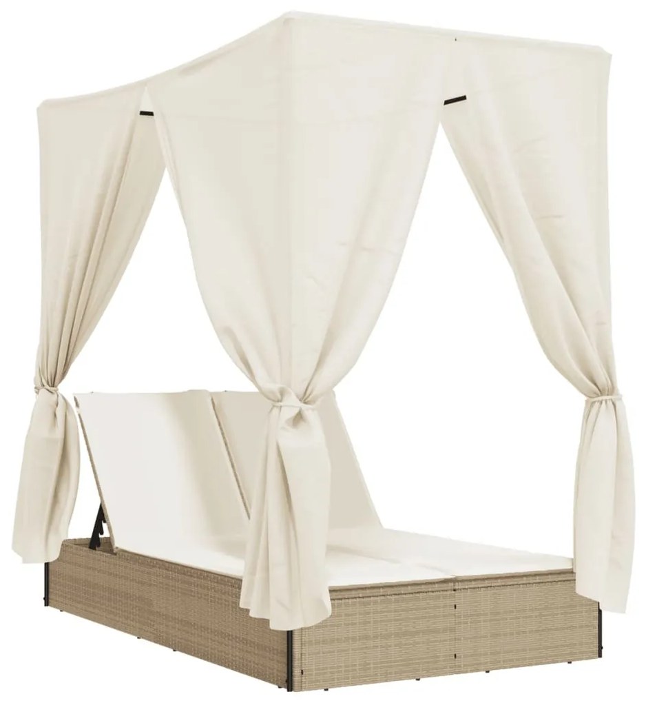 bézs polyrattan dupla napozóágy tetővel és függönyökkel