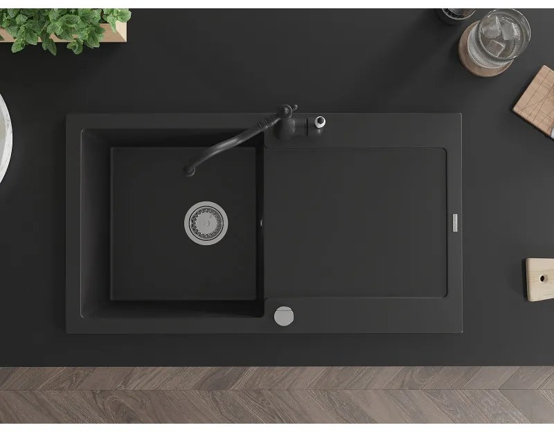 Mexen Leo, gránit mosogató 900x500x190 mm, 1 kamrás és mosogató csaptelep Carla, fekete, 6501-77-670700-70