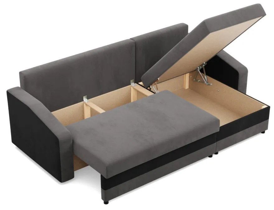 Hewlet sarokkanapé, 2 ágyneműtartóval, szövet anyag, univerzális oldal, bonell töltet, szürke - fekete