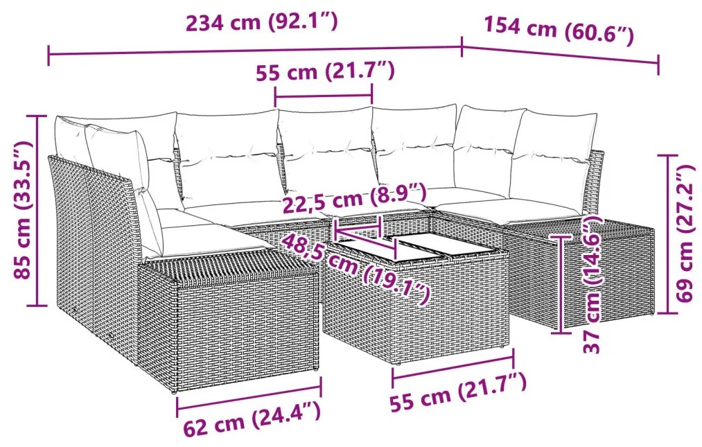 7 Részből álló Kerti Kanapé Szett Párnákkal Szürke Poli Rattan