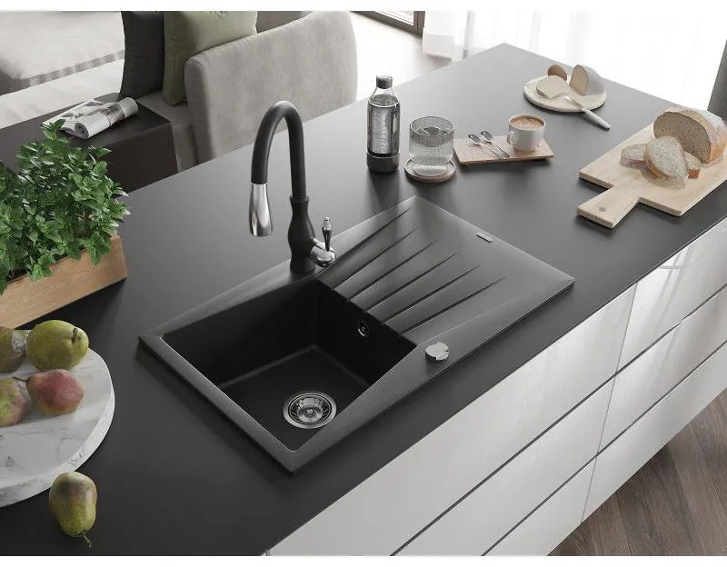 Mexen Cesar, 1 kamrás gránit mosogató 775x470x190 mm és Savita mosogató csaptelep, fekete, 6514-77-672601-70