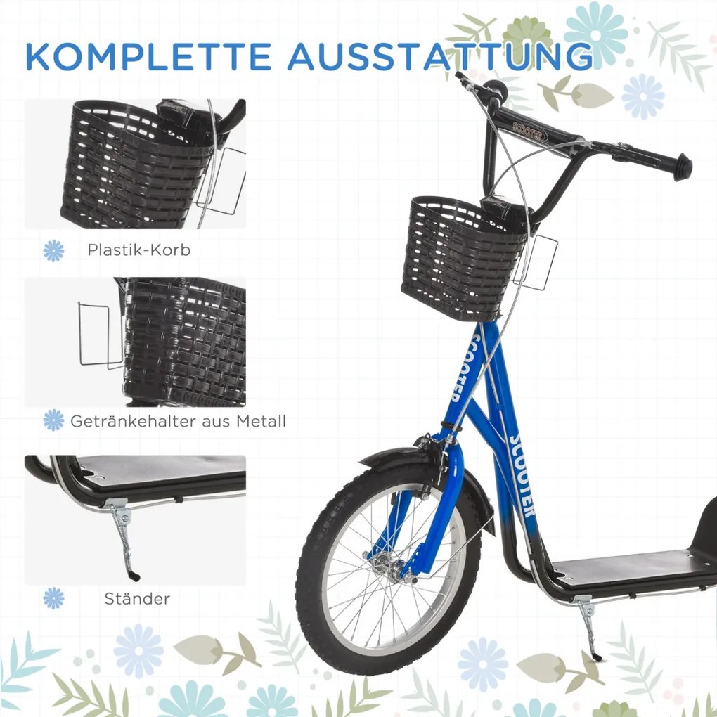 HOMCOM Gyerek Roller fékkel, állítható magasságú, könnyű acél, kék-fekete