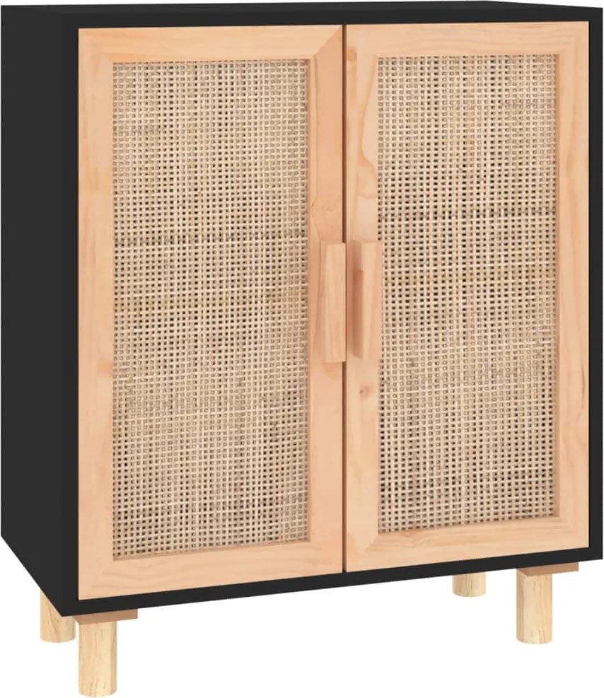 vidaXL fekete tömör fenyő/természetes rattan tálalószekrény 60x30x70cm