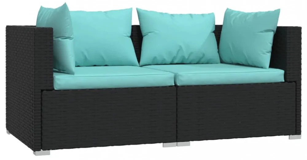 fekete kétszemélyes polyrattan kanapé párnákkal