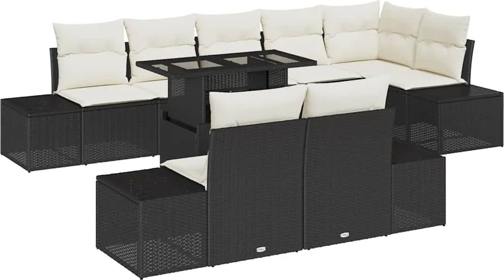 vidaXL Kerti Kanapé Szett tárolóval 9 pcs Fekete Poli rattan