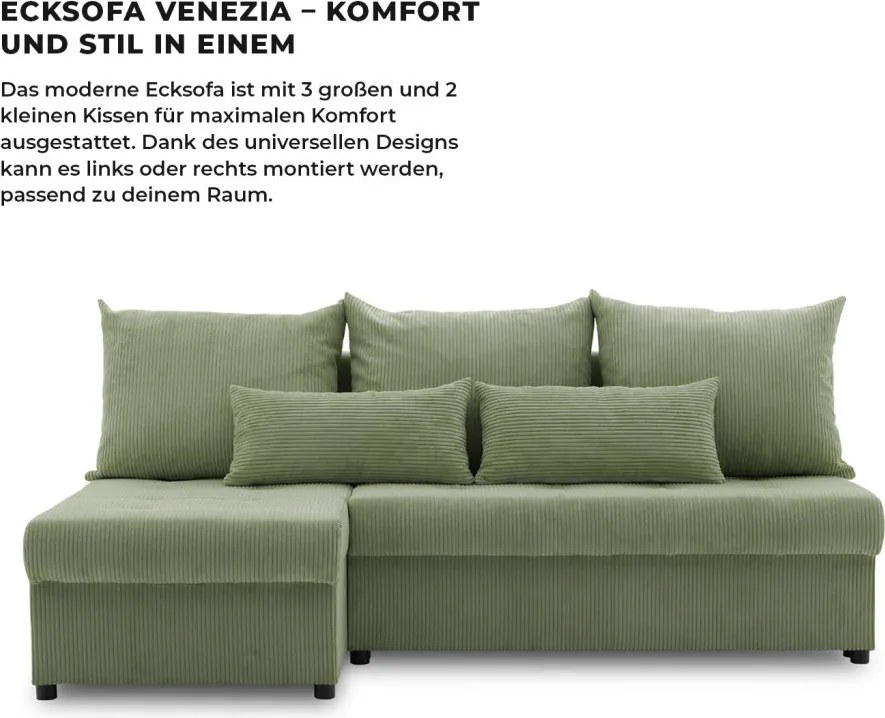 Venezia sarokkanapé, kordbársony, univerzális oldal, bonell töltet, zöld